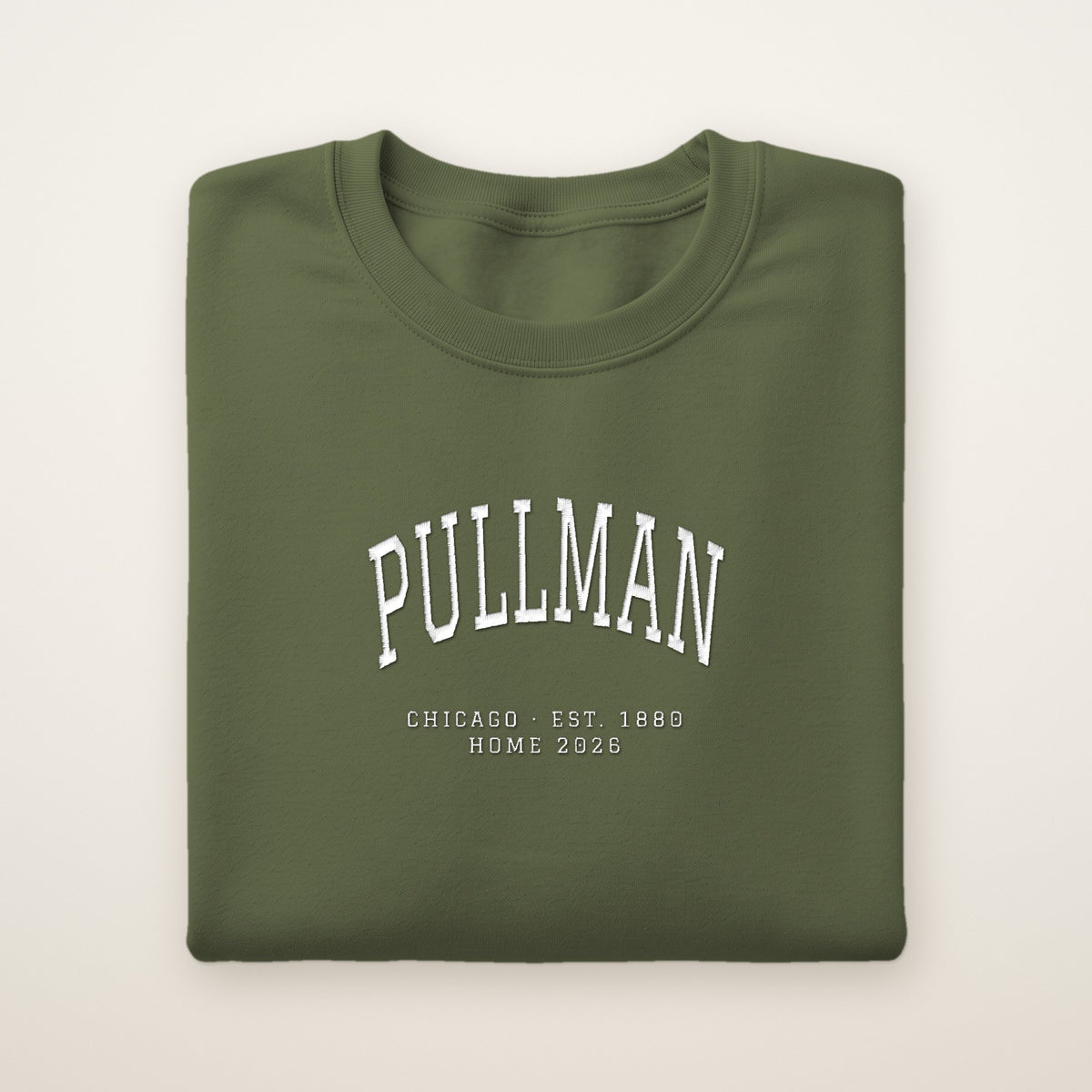 Pullman Chicago Home 2026 Embroidered Crewneck — White Thread on Military Green