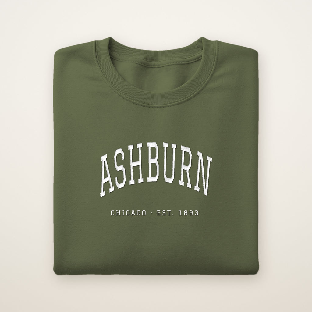 Ashburn Chicago Embroidered Crewneck — White Thread on Military Green