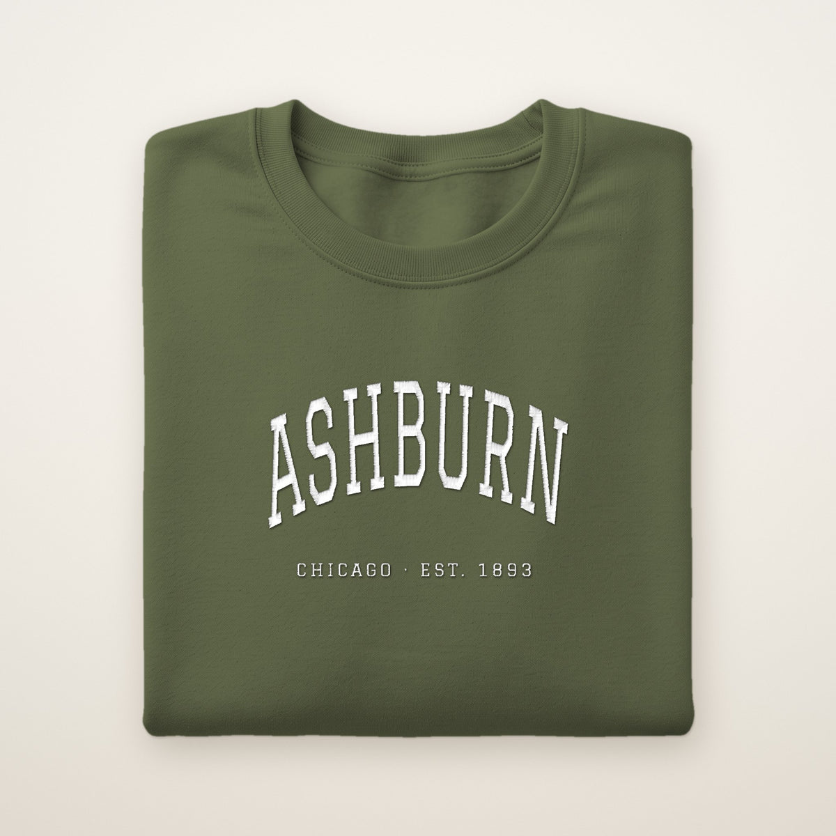 Ashburn Chicago Embroidered Crewneck — White Thread on Military Green