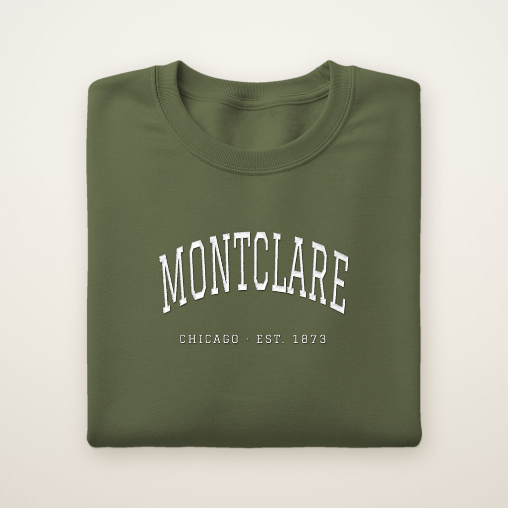 Montclare Chicago Embroidered Crewneck — White Thread on Military Green
