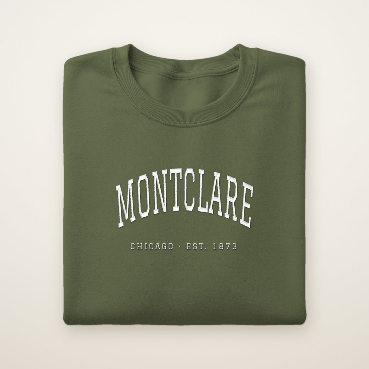 Montclare Chicago Embroidered Crewneck — White Thread on Military Green