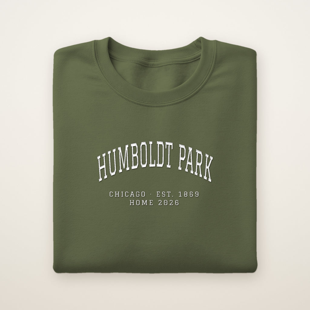 Humboldt Park Chicago Home 2026 Embroidered Crewneck — White Thread on Military Green