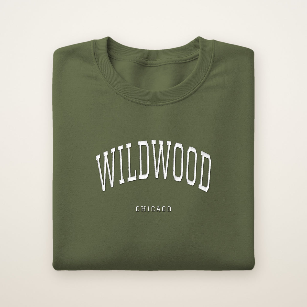 Wildwood Chicago Embroidered Crewneck — White Thread on Military Green