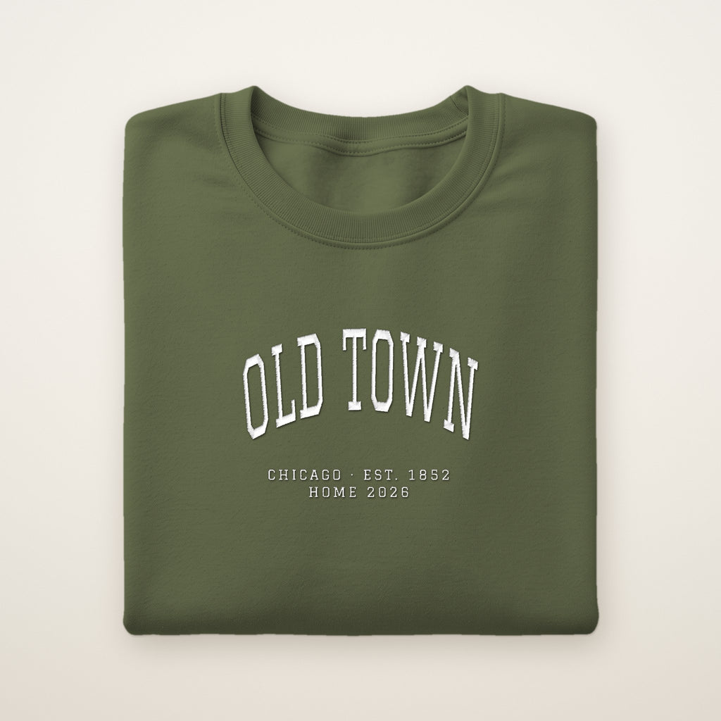 Old Town Chicago Home 2026 Embroidered Crewneck — White Thread on Military Green
