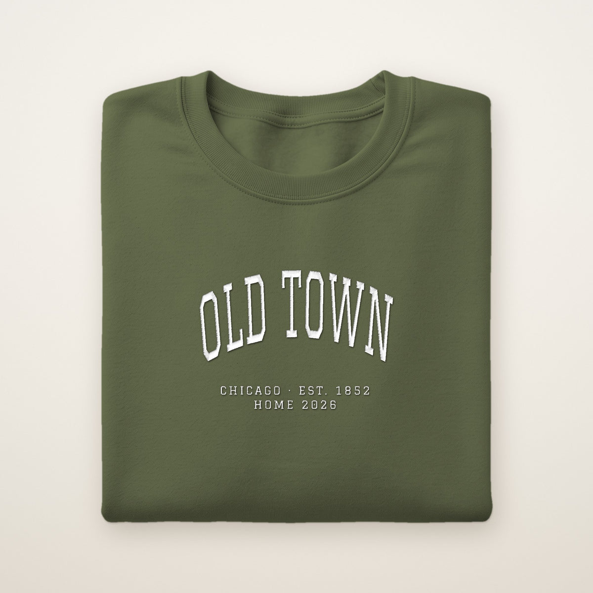 Old Town Chicago Home 2026 Embroidered Crewneck — White Thread on Military Green