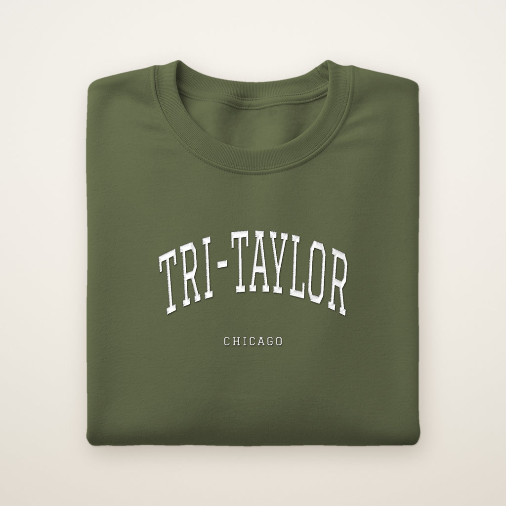 Tri-Taylor Chicago Embroidered Crewneck — White Thread on Military Green