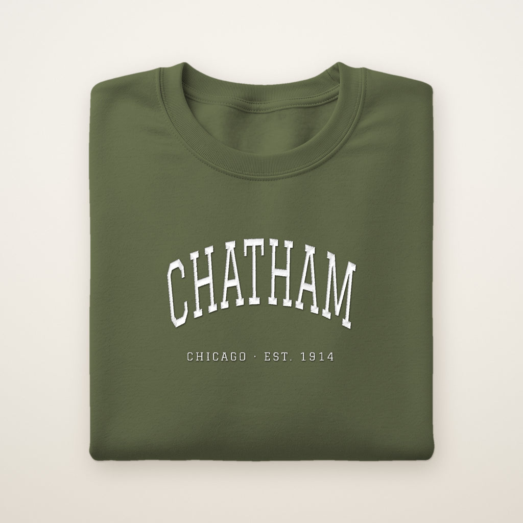 Chatham Chicago Embroidered Crewneck — White Thread on Military Green
