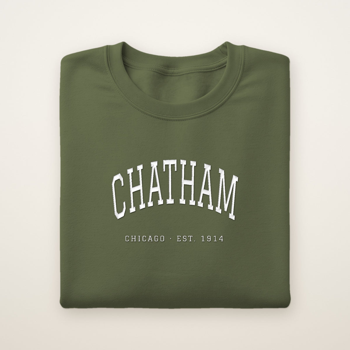 Chatham Chicago Embroidered Crewneck — White Thread on Military Green
