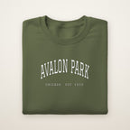 Avalon Park Chicago Embroidered Crewneck — White Thread on Military Green