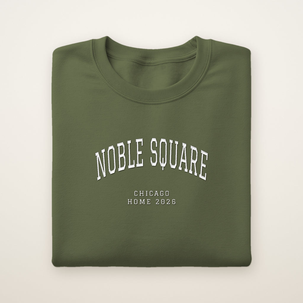 Noble Square Chicago Home 2026 Embroidered Crewneck — White Thread on Military Green