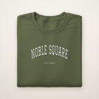 Noble Square Chicago Embroidered Crewneck — White Thread on Military Green