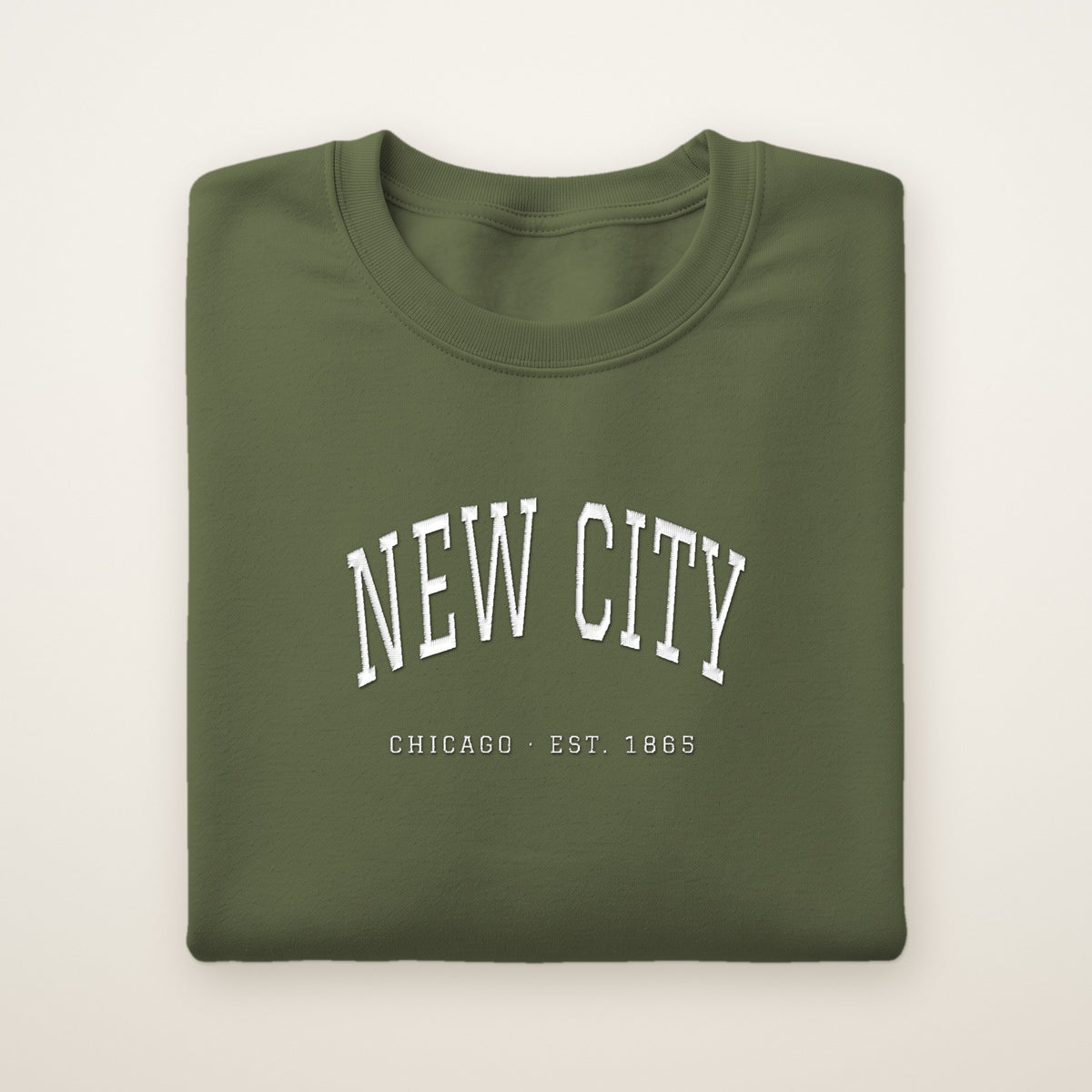 New City Chicago Embroidered Crewneck — White Thread on Military Green