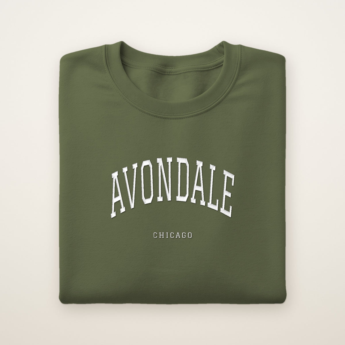 Avondale Chicago Embroidered Crewneck — White Thread on Military Green