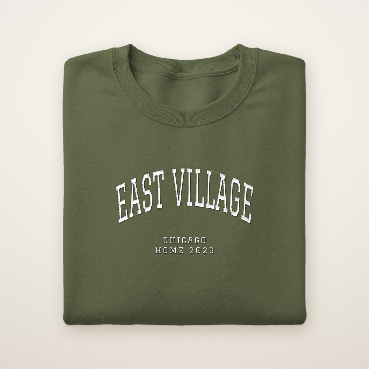 East Village Chicago Home 2026 Embroidered Crewneck — White Thread on Military Green