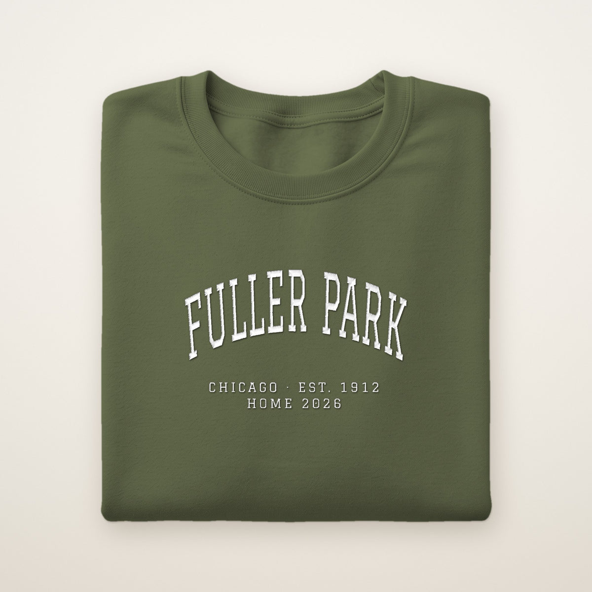 Fuller Park Chicago Home 2026 Embroidered Crewneck — White Thread on Military Green