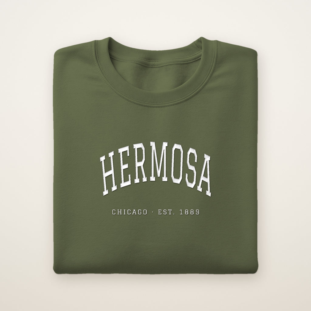 Hermosa Chicago Embroidered Crewneck — White Thread on Military Green