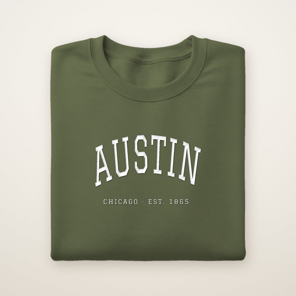 Austin Chicago Embroidered Crewneck — White Thread on Military Green
