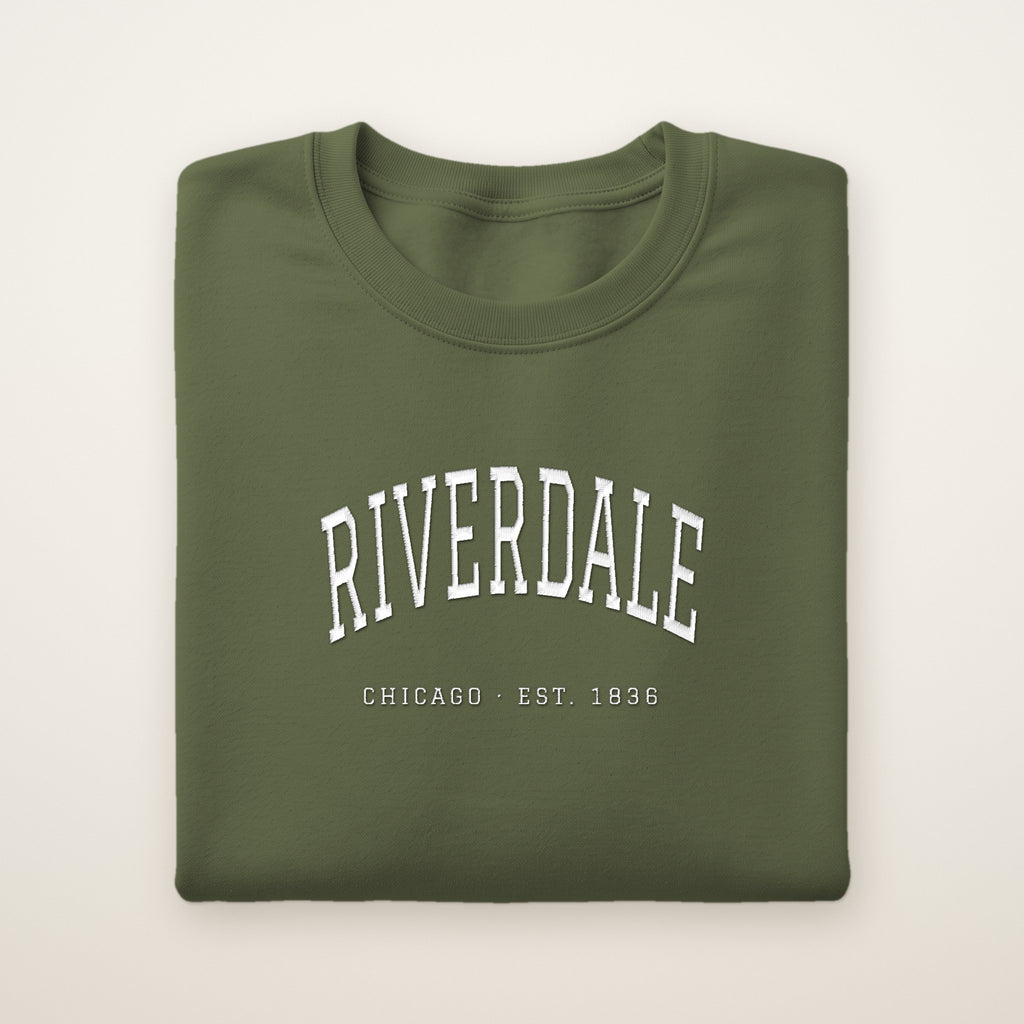 Riverdale Chicago Embroidered Crewneck — White Thread on Military Green