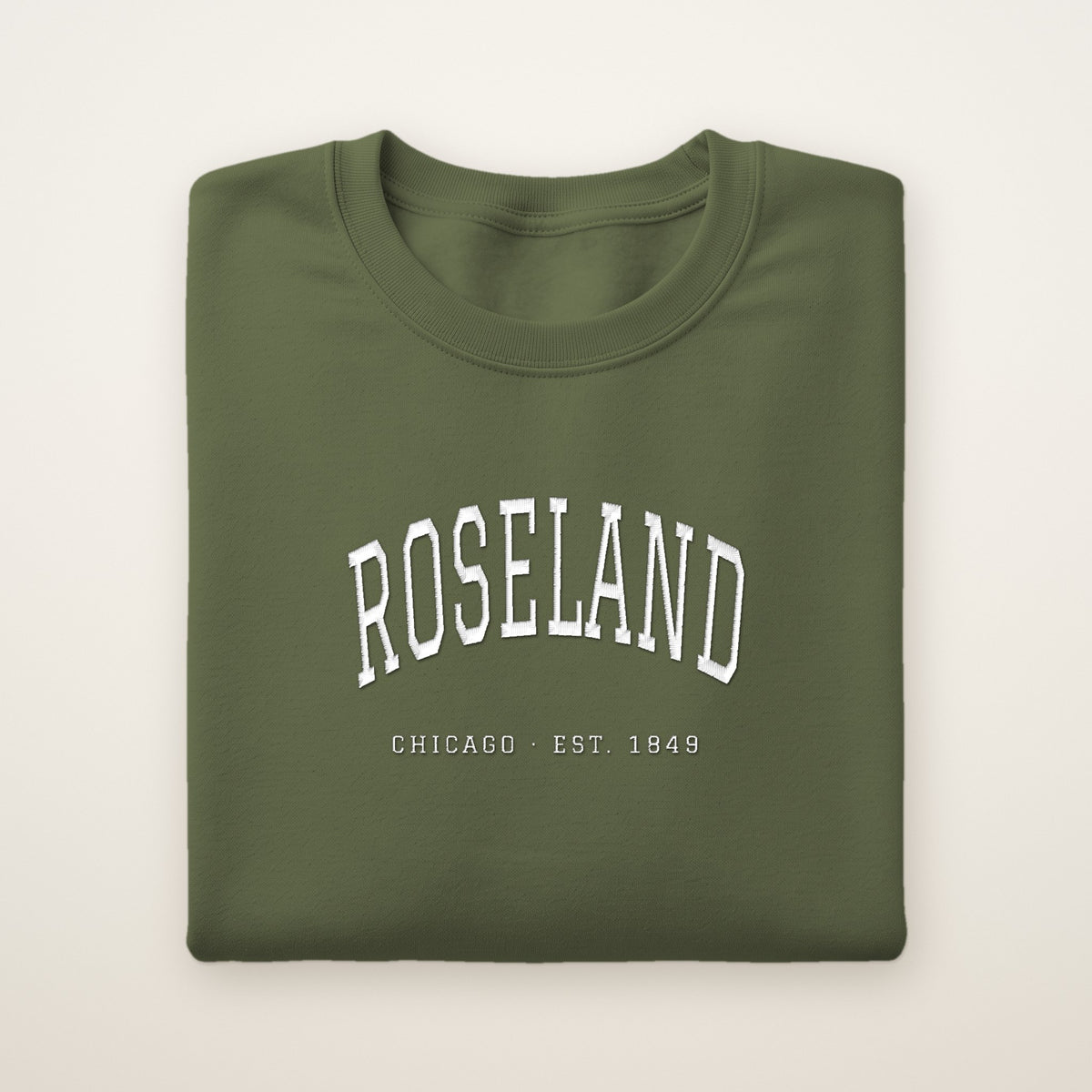 Roseland Chicago Embroidered Crewneck — White Thread on Military Green