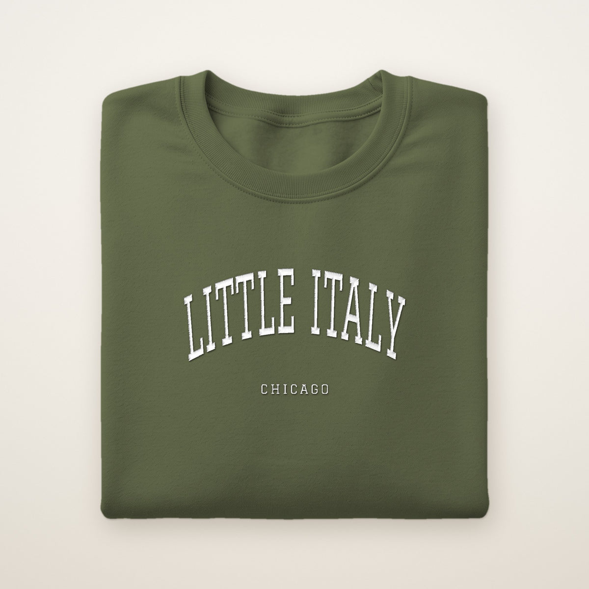 Little Italy Chicago Embroidered Crewneck — White Thread on Military Green
