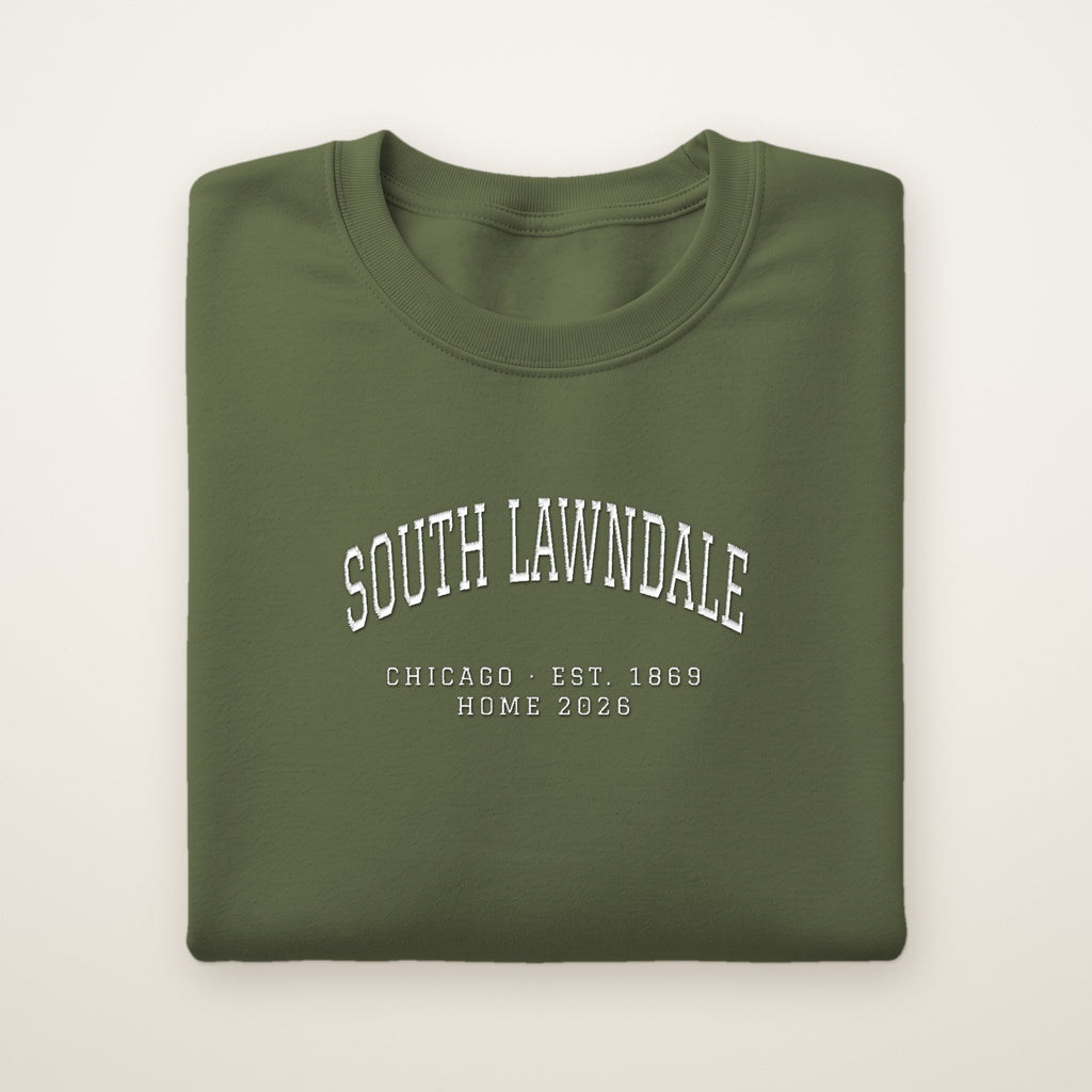 South Lawndale Chicago Home 2026 Embroidered Crewneck — White Thread on Military Green