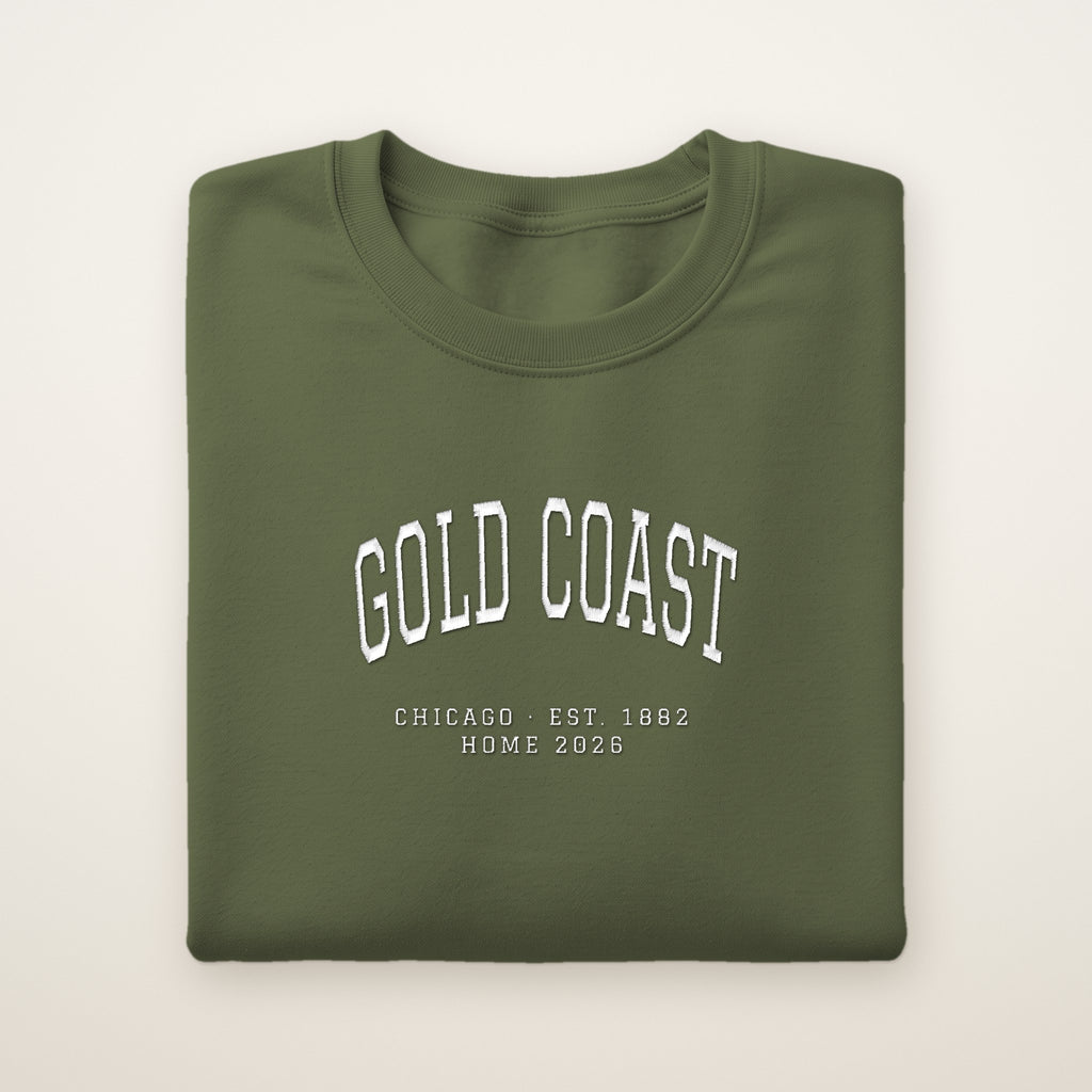 Gold Coast Chicago Home 2026 Embroidered Crewneck — White Thread on Military Green
