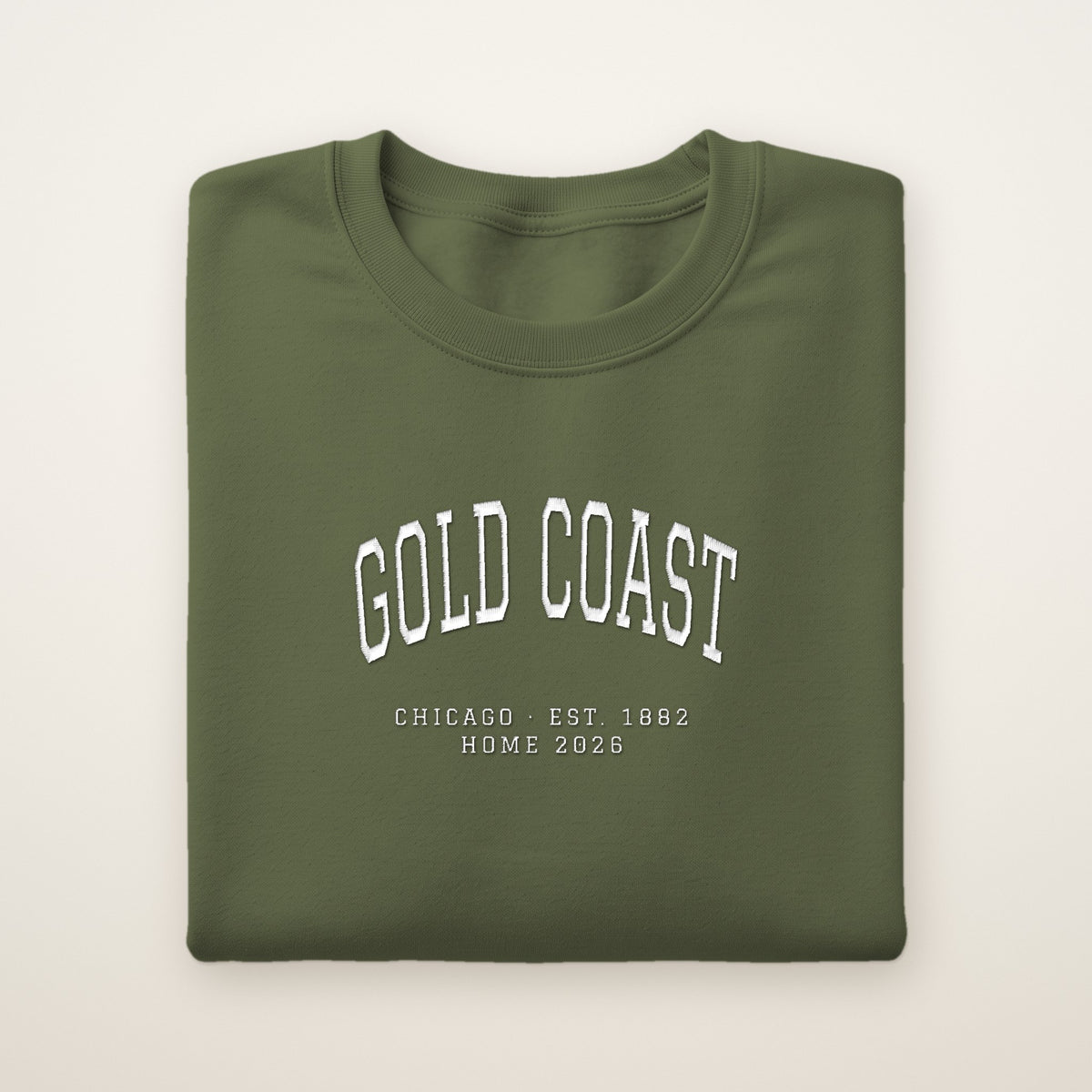 Gold Coast Chicago Home 2026 Embroidered Crewneck — White Thread on Military Green