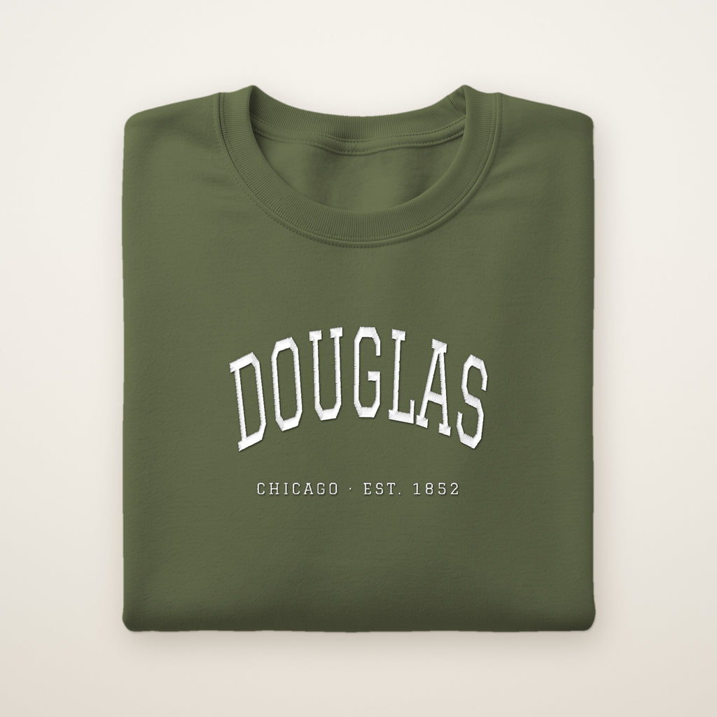 Douglas Chicago Embroidered Crewneck — White Thread on Military Green