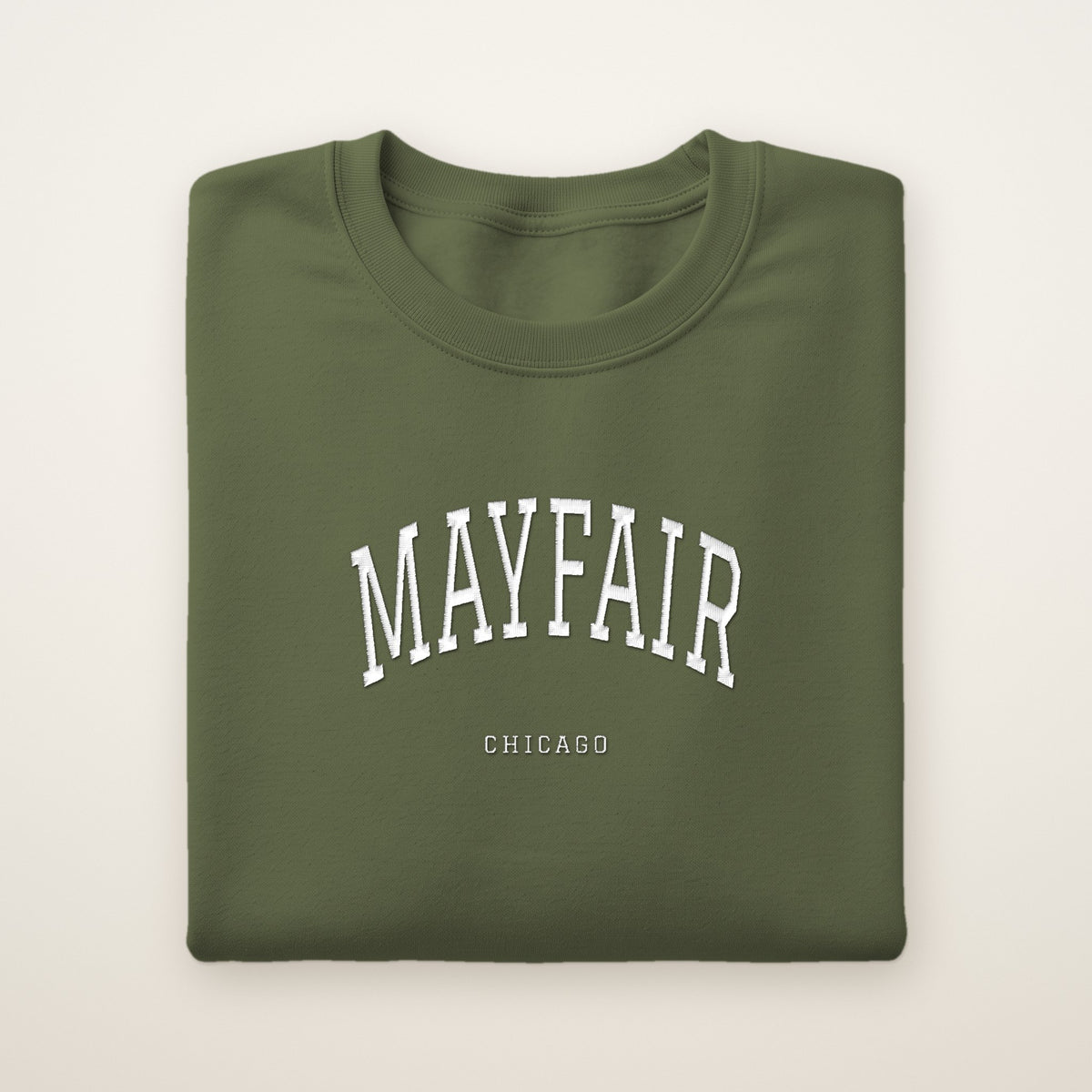 Mayfair Chicago Embroidered Crewneck — White Thread on Military Green