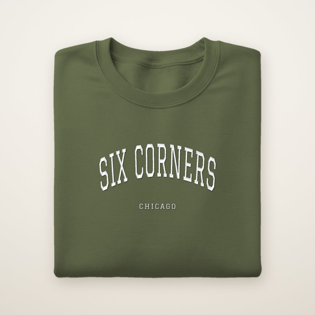 Six Corners Chicago Embroidered Crewneck — White Thread on Military Green