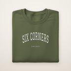 Six Corners Chicago Embroidered Crewneck — White Thread on Military Green
