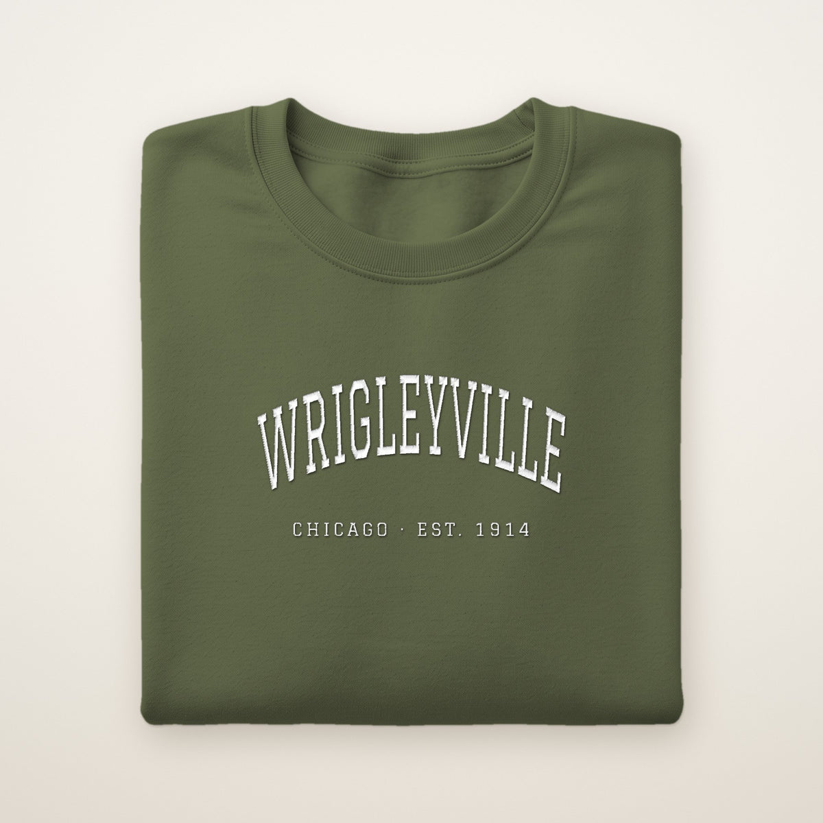 Wrigleyville Chicago Embroidered Crewneck — White Thread on Military Green