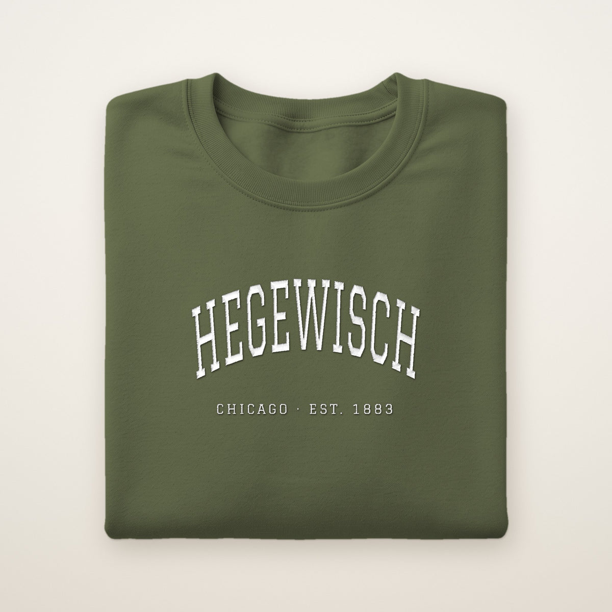 Hegewisch Chicago Embroidered Crewneck — White Thread on Military Green