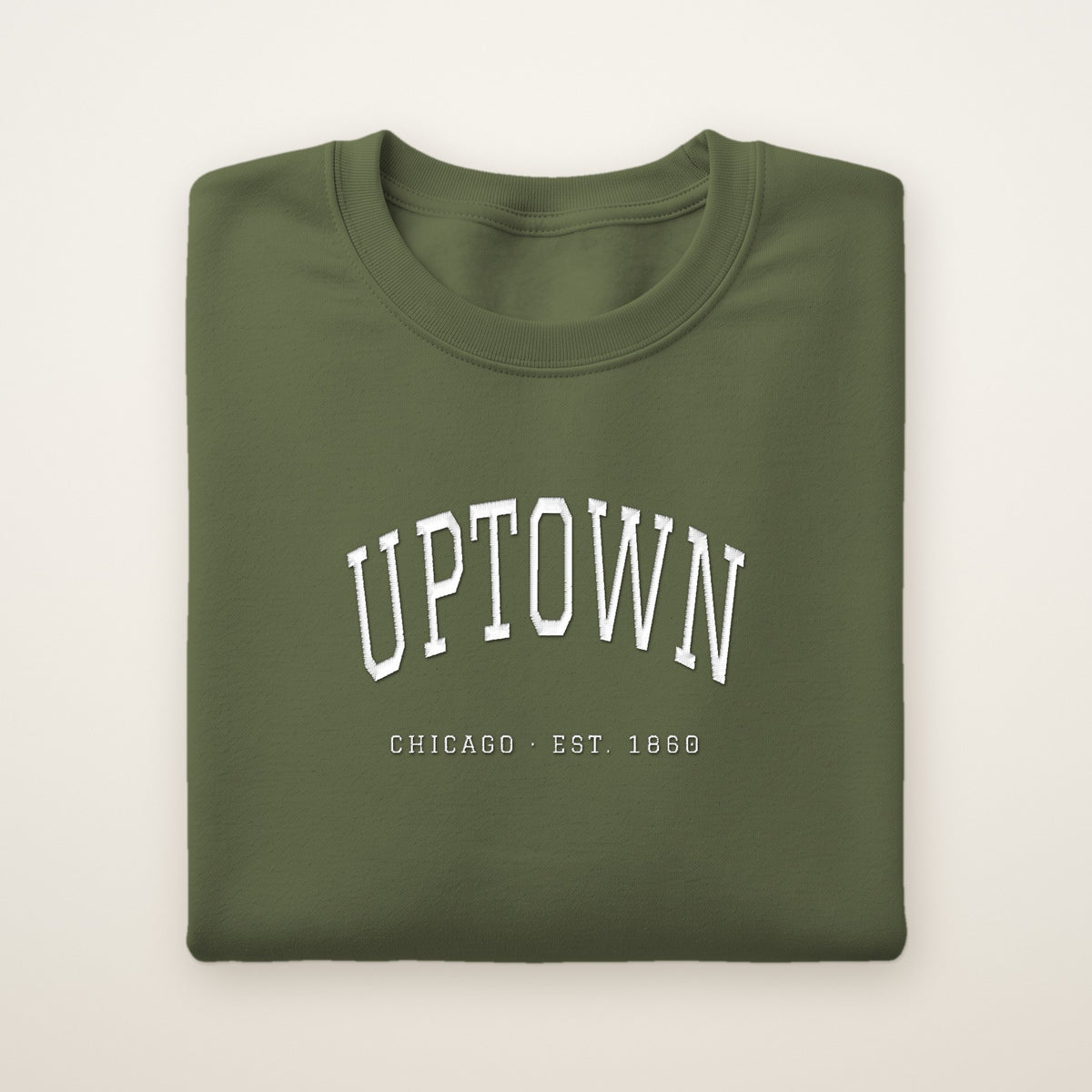 Uptown Chicago Embroidered Crewneck — White Thread on Military Green