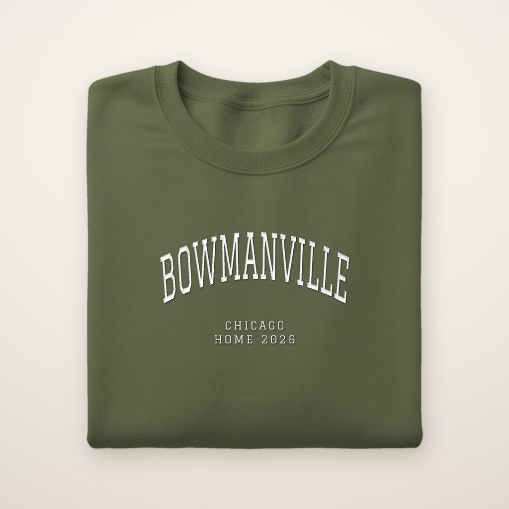 Bowmanville Chicago Home 2026 Embroidered Crewneck — White Thread on Military Green