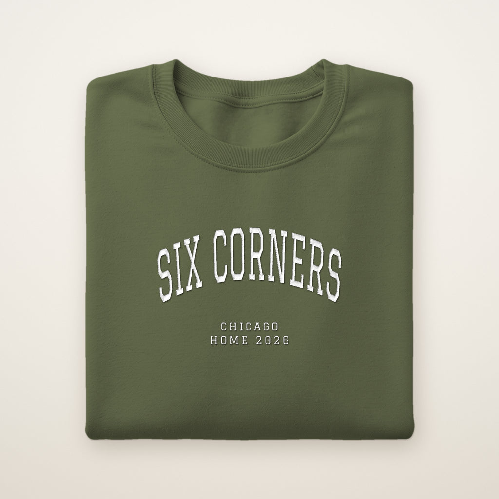 Six Corners Chicago Home 2026 Embroidered Crewneck — White Thread on Military Green