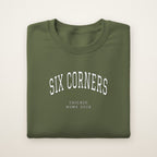 Six Corners Chicago Home 2026 Embroidered Crewneck — White Thread on Military Green