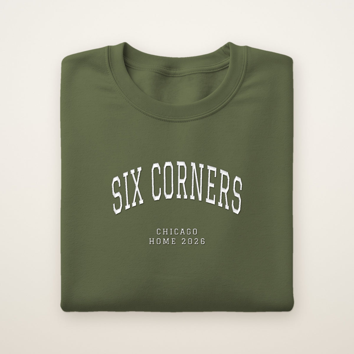 Six Corners Chicago Home 2026 Embroidered Crewneck — White Thread on Military Green