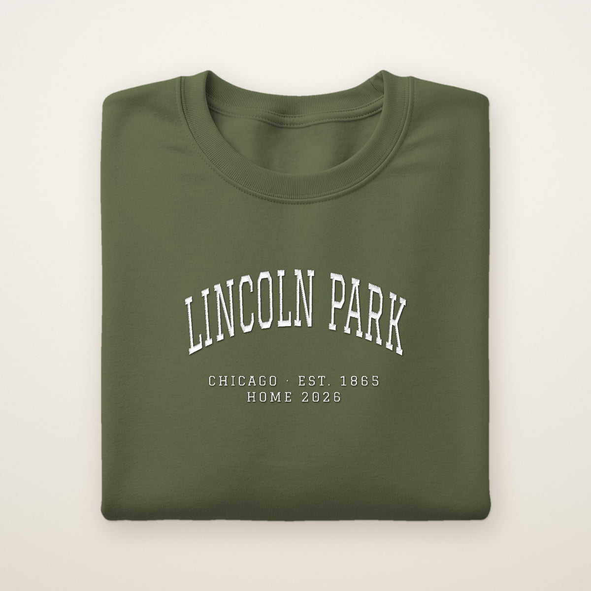 Lincoln Park Chicago Home 2026 Embroidered Crewneck — White Thread on Military Green