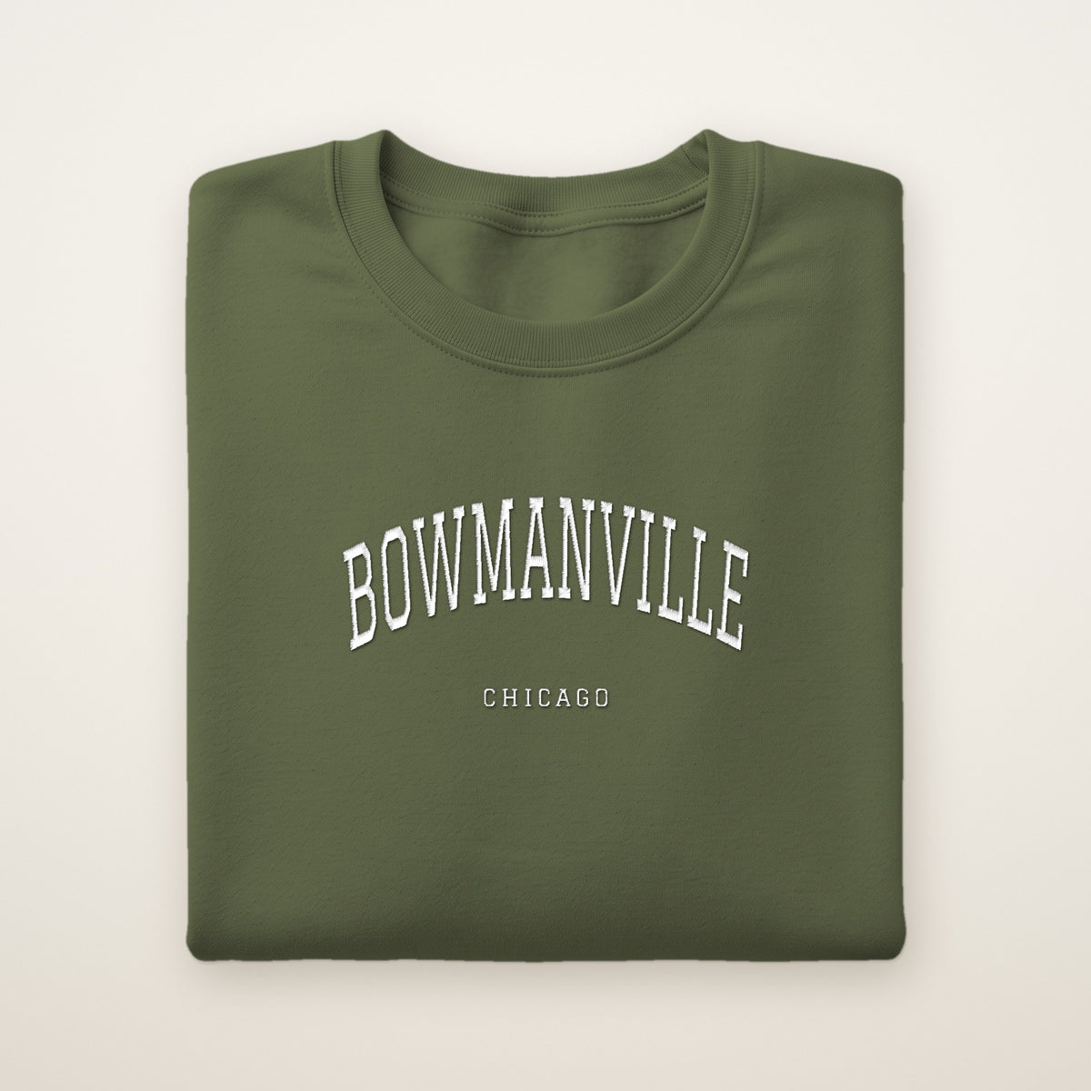 Bowmanville Chicago Embroidered Crewneck — White Thread on Military Green