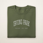 Irving Park Chicago Embroidered Crewneck — White Thread on Military Green