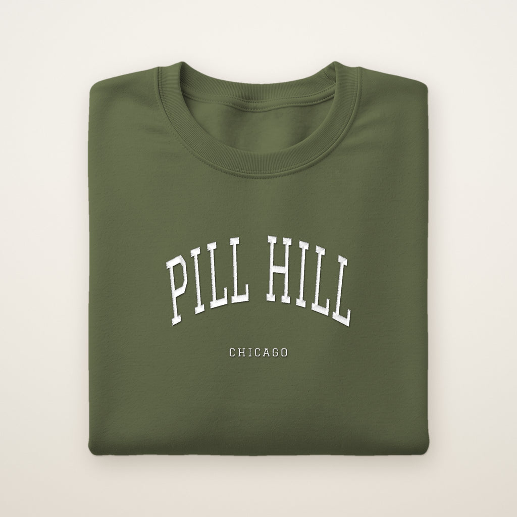 Pill Hill Chicago Embroidered Crewneck — White Thread on Military Green