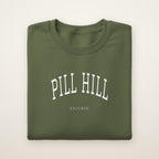 Pill Hill Chicago Embroidered Crewneck — White Thread on Military Green