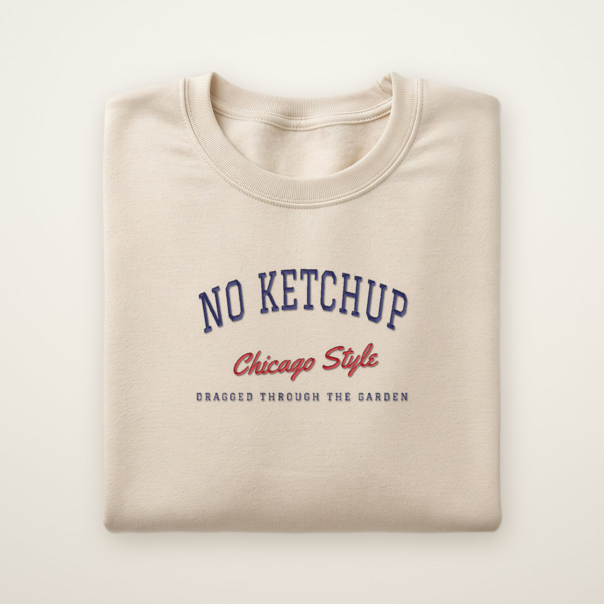 No Ketchup Chicago embroidered crewneck sweatshirt, Sand, navy and red embroidery