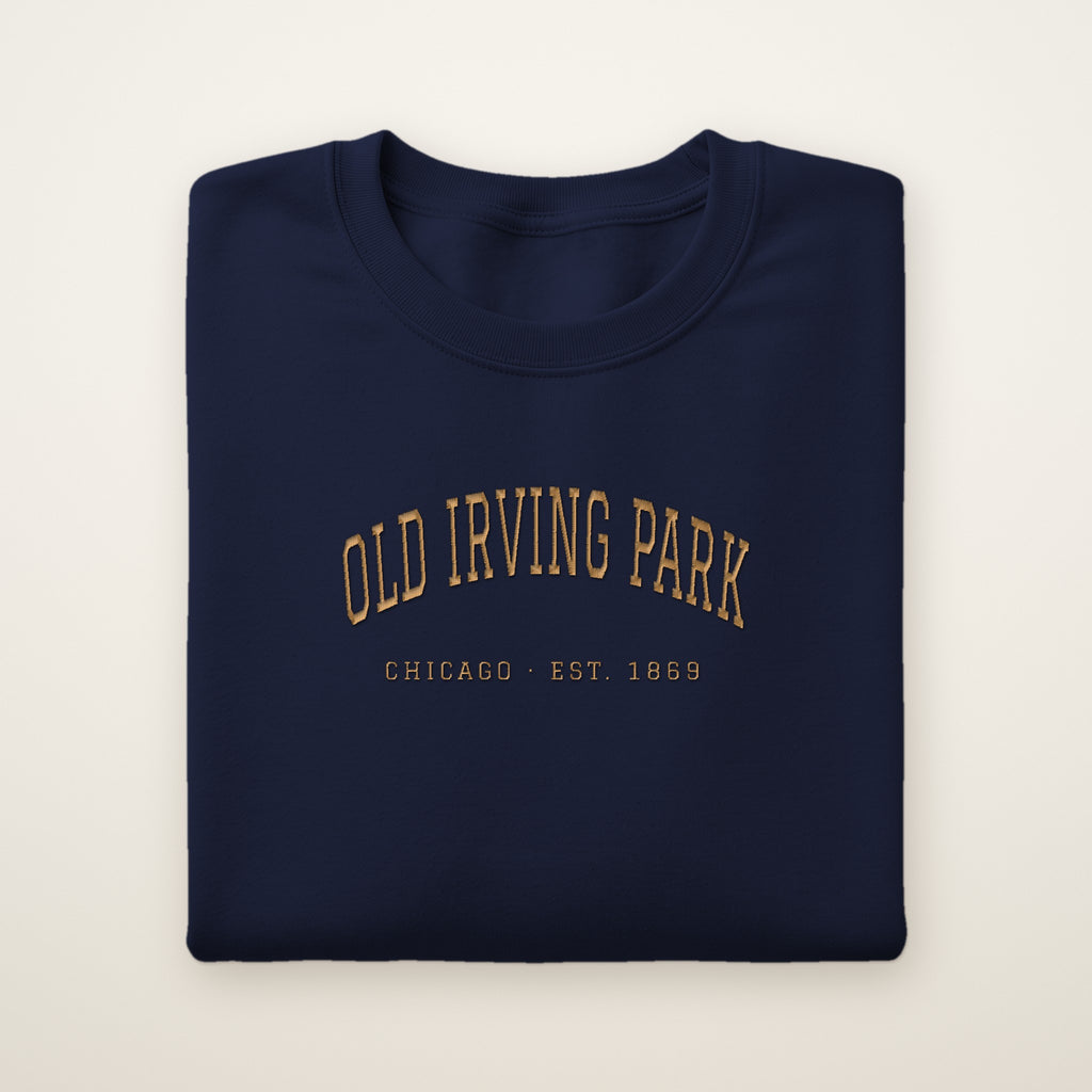 Old Irving Park Chicago embroidered crewneck in navy with gold stitching, Est. 1869