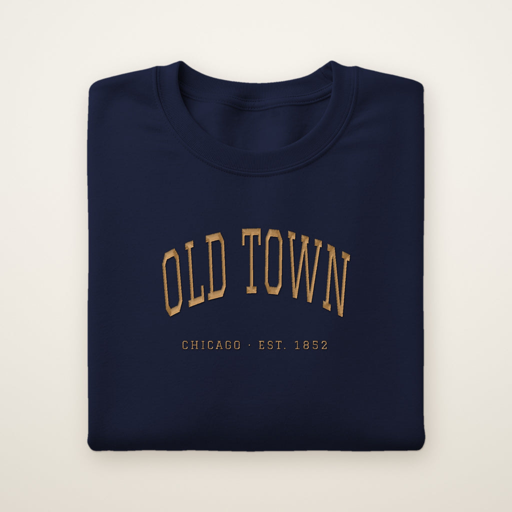 Old Town Chicago embroidered crewneck sweatshirt, Navy, gold embroidery