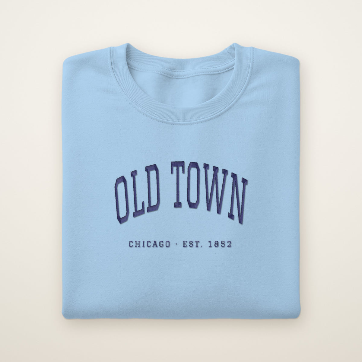 Old Town Chicago embroidered crewneck sweatshirt, Light Blue, navy embroidery