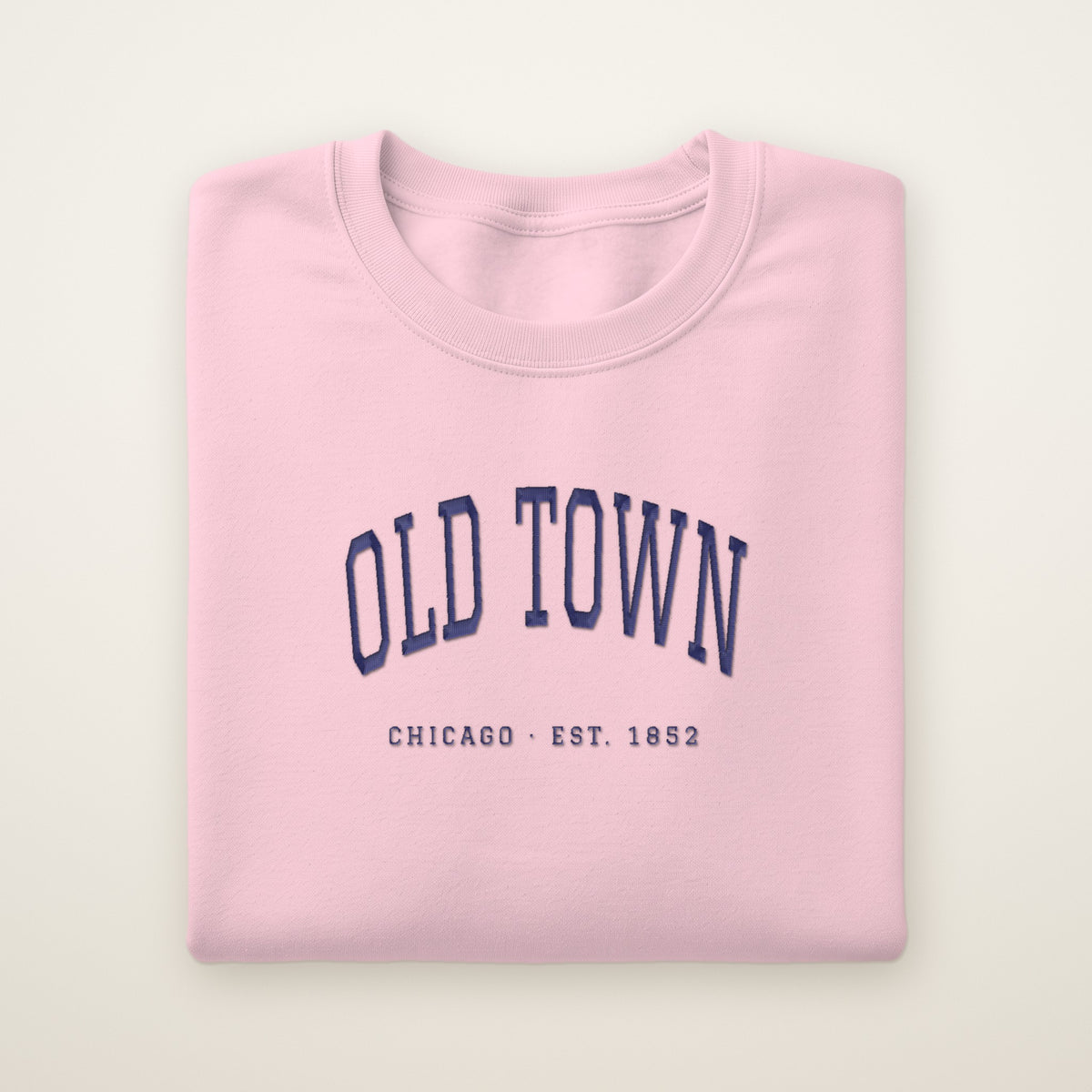 Old Town Chicago embroidered crewneck sweatshirt, Light Pink, navy embroidery