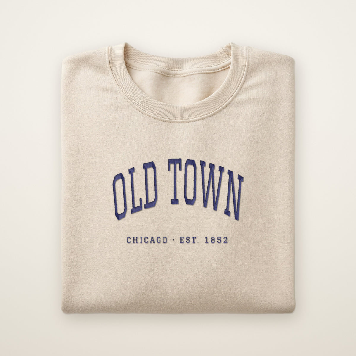 Old Town Chicago embroidered crewneck sweatshirt, Sand, navy embroidery