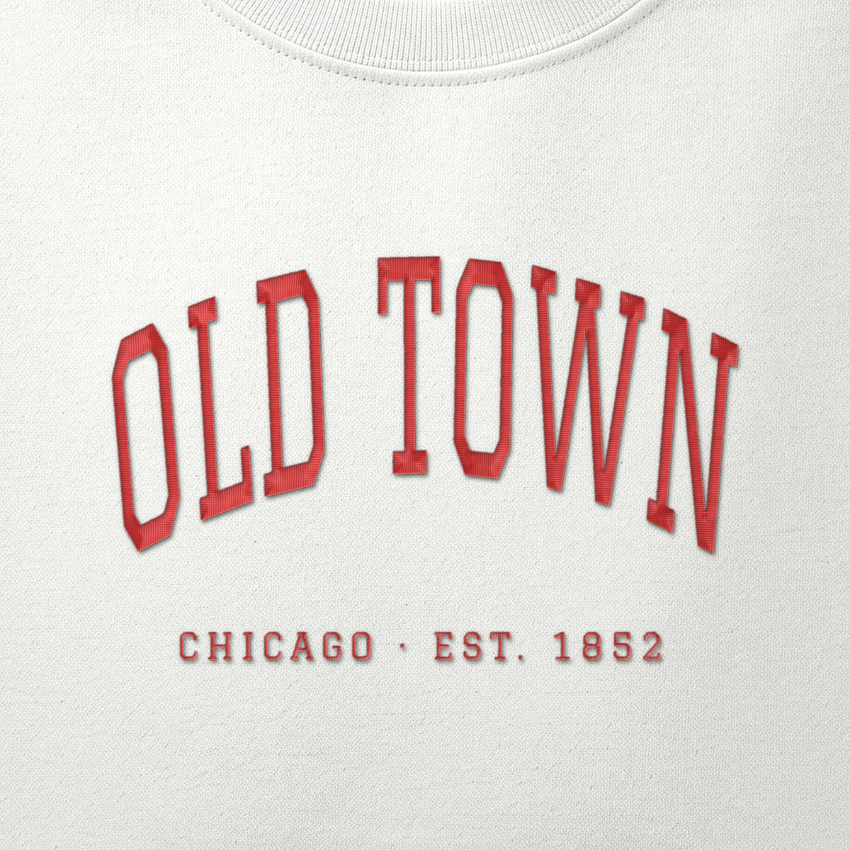 Close-up of red satin-stitch Old Town embroidery